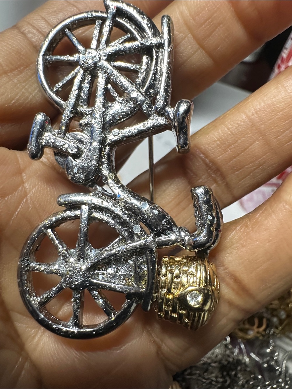 Vintage Silver Bicycle Brooch with Gold Accent